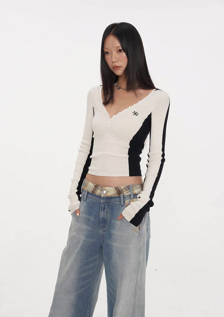 Mermaid Straight Shoulder V-neck Knit Top