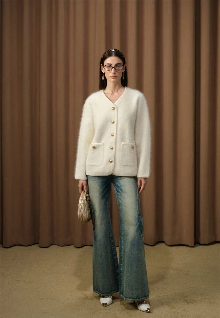 Vintage-style Gold-button V-neck Cardigan