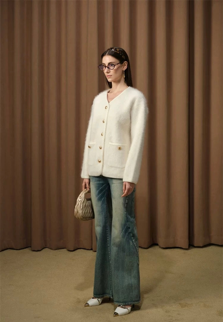 Vintage-style Gold-button V-neck Cardigan