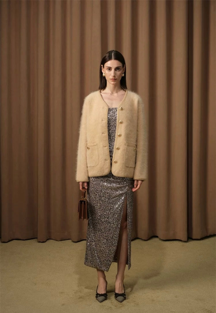 Vintage-style Gold-button V-neck Cardigan