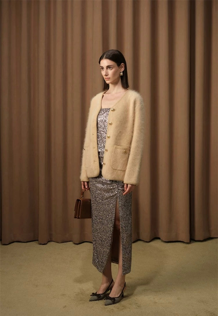 Vintage-style Gold-button V-neck Cardigan
