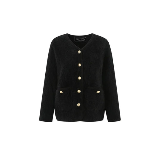 Vintage-style Gold-button V-neck Cardigan