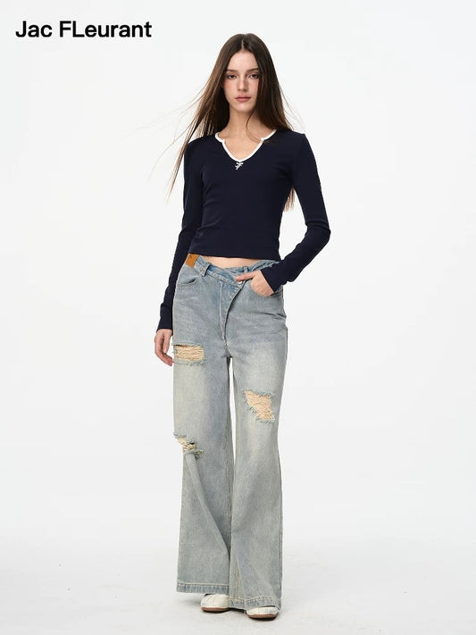 Asymmetrical Waist Ripped Jeans