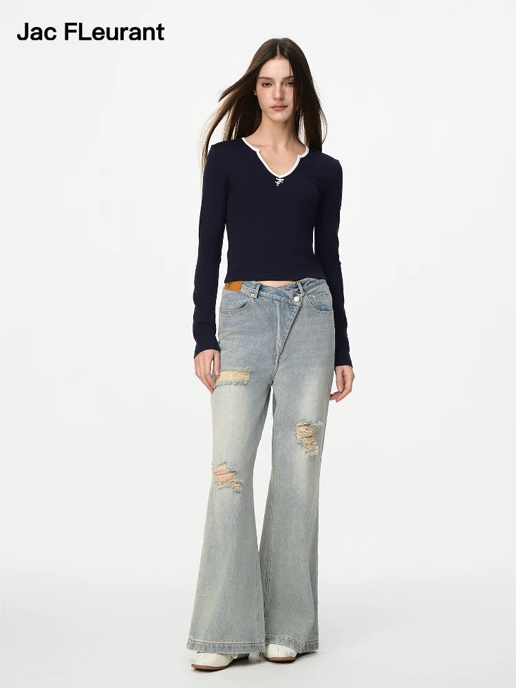 Asymmetrical Waist Ripped Jeans