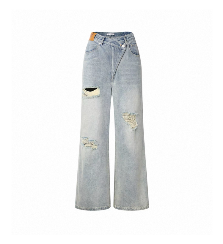 Asymmetrical Waist Ripped Jeans