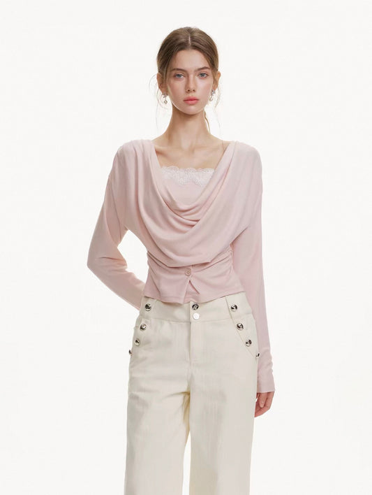 Layered Cowl Neck Lace Ruffle Top