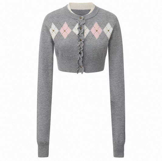 Rhinestone Diamond-Pattern Knit Cardigan