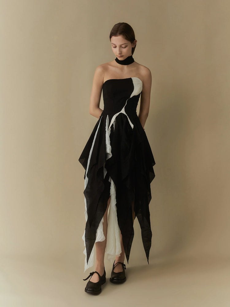 Black And White Seamed Gauze Dress