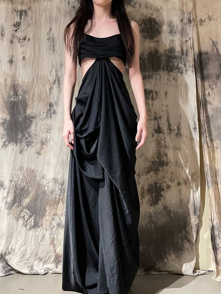 Black Pleated Seam Dress Long