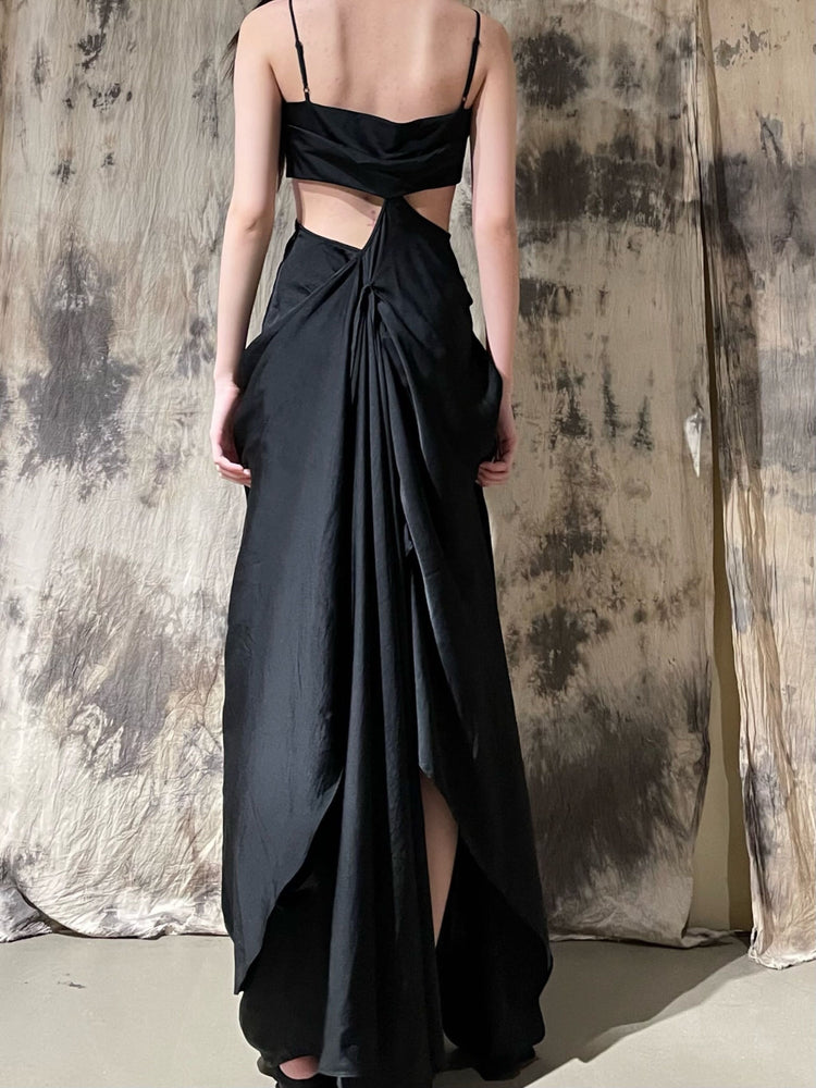 Black Pleated Seam Dress Long