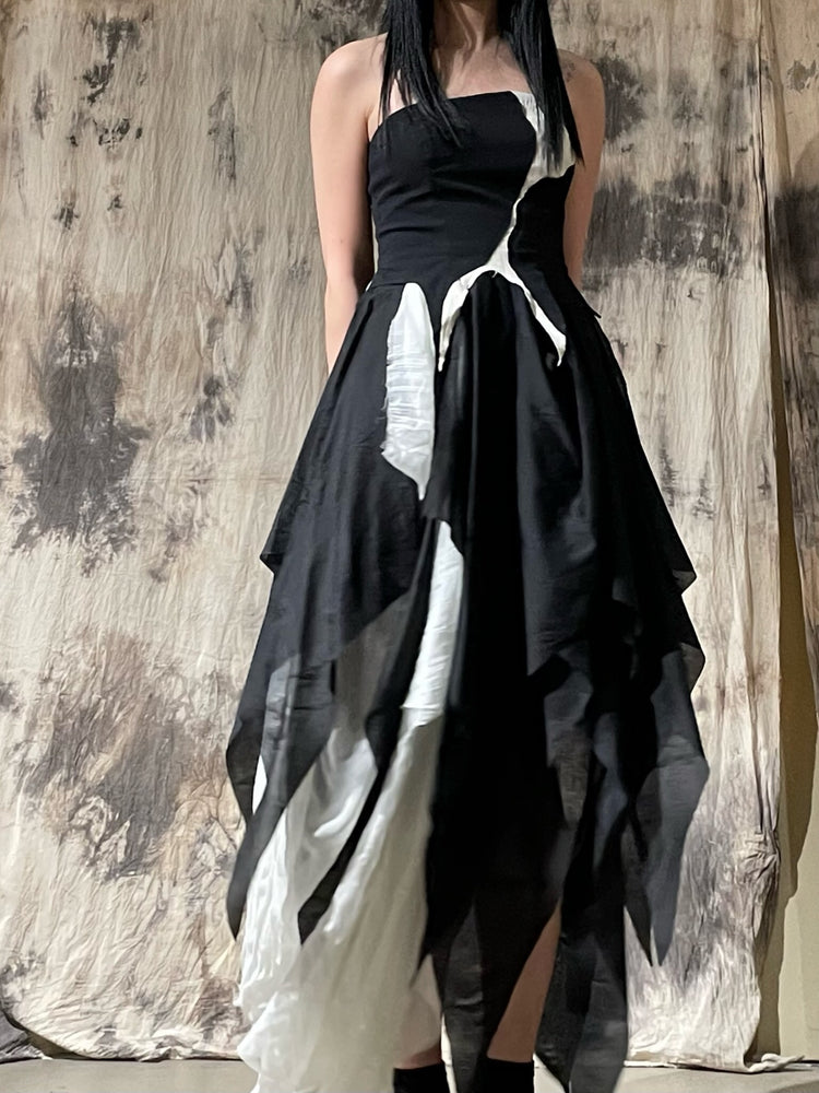 Black And White Seamed Gauze Dress