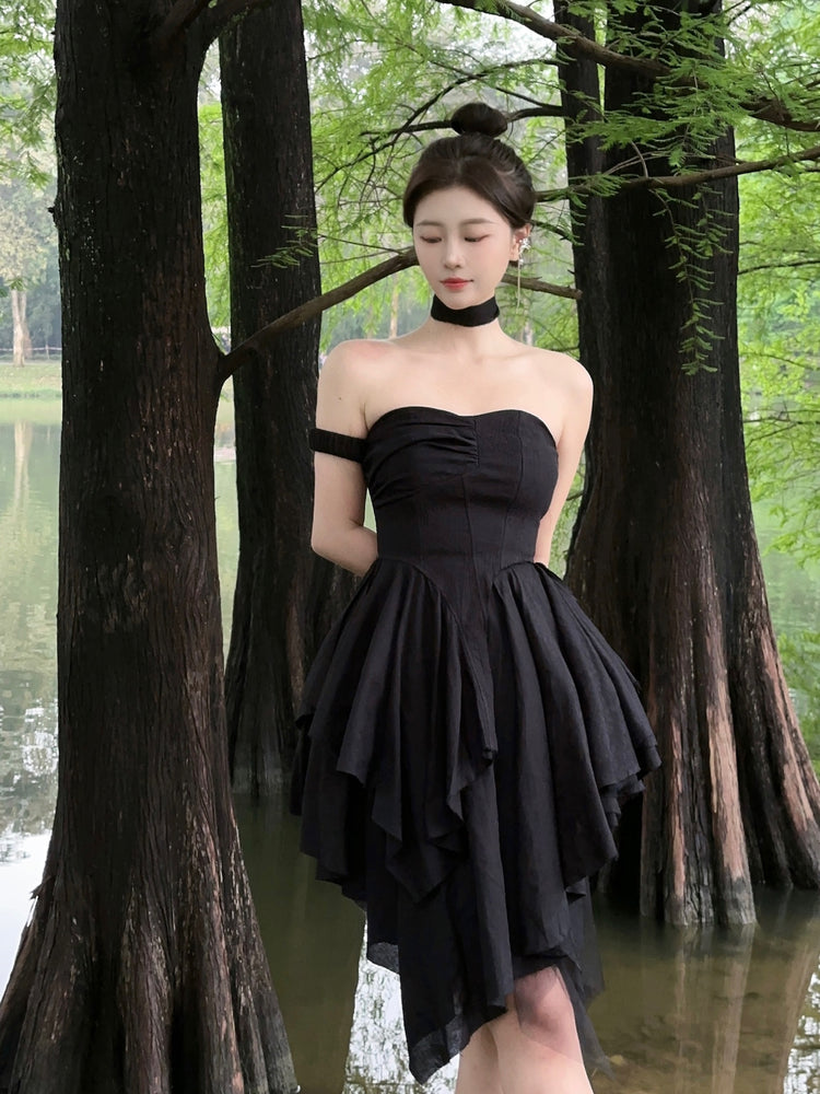 JI X ELYWOOD COLLABORATION BLACK STRAPLESS DRESS