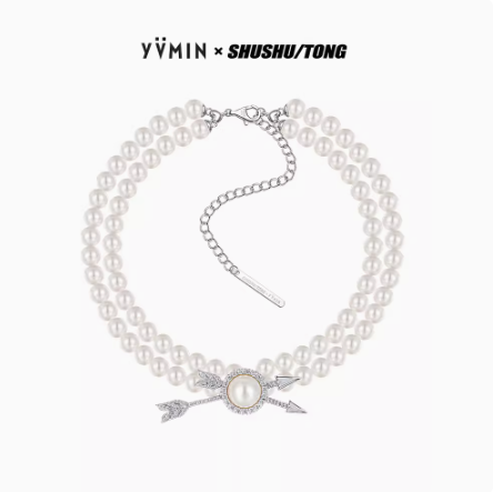 Pave Double Arrow Pearl Necklace