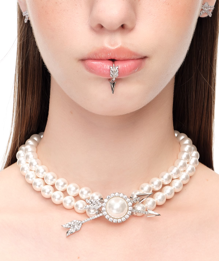 Pave Double Arrow Pearl Necklace