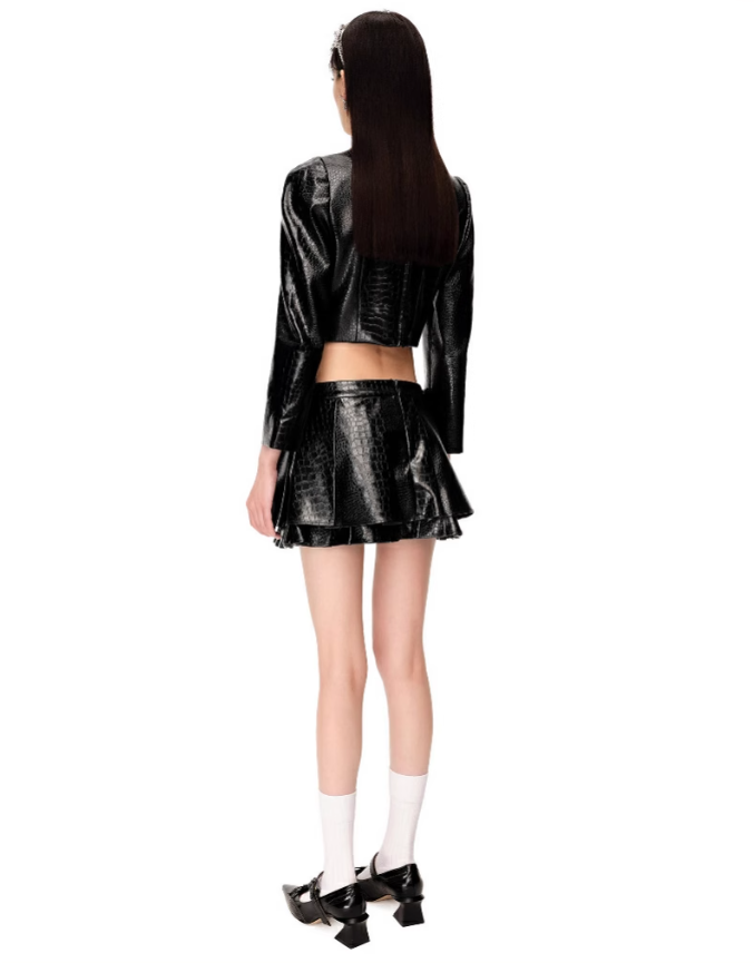 Black Pleated Faux-Leather Miniskirt