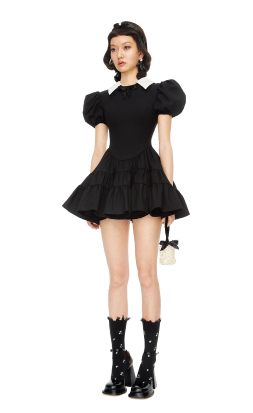 Black Puff Sleeve Tiered Mini Dress