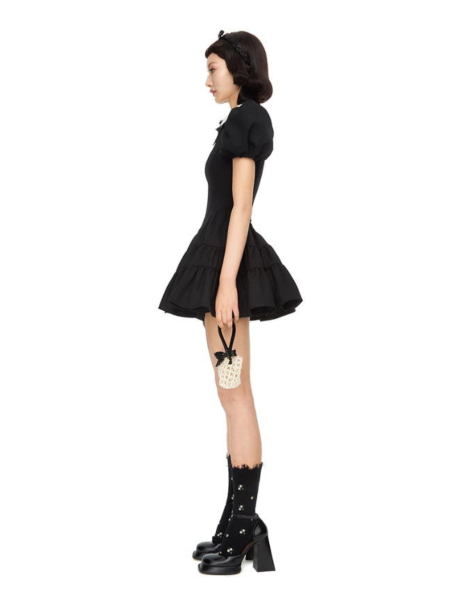 Black Puff Sleeve Tiered Mini Dress