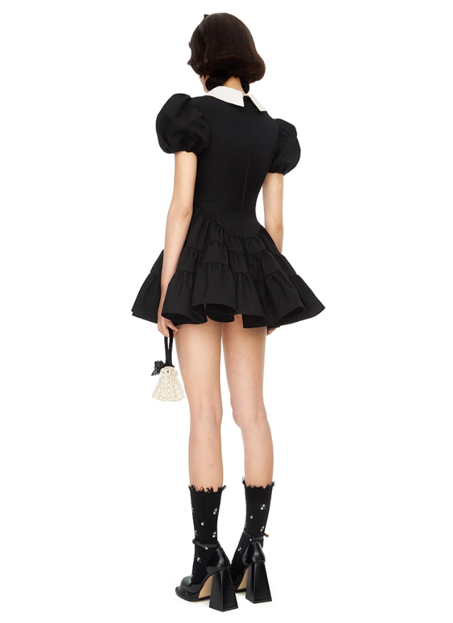 Black Puff Sleeve Tiered Mini Dress