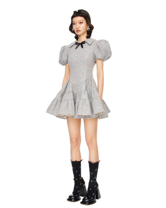 Grey Puff Sleeve Tiered Mini Dress