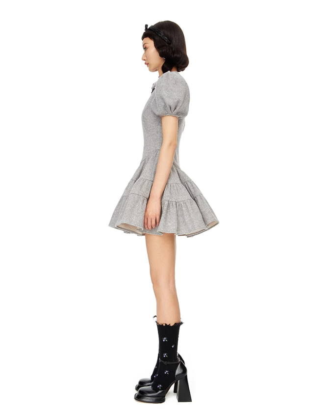 Grey Puff Sleeve Tiered Mini Dress