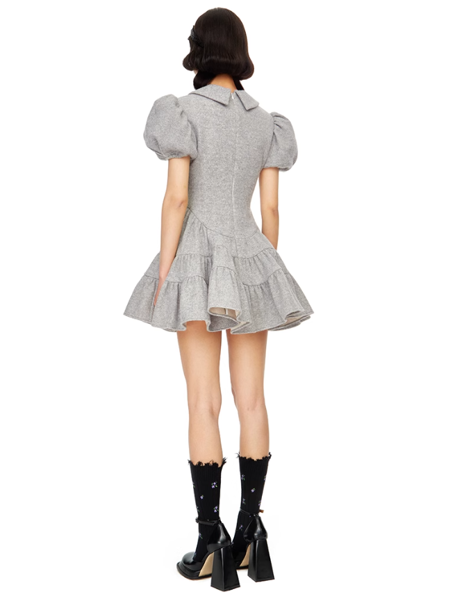 Grey Puff Sleeve Tiered Mini Dress