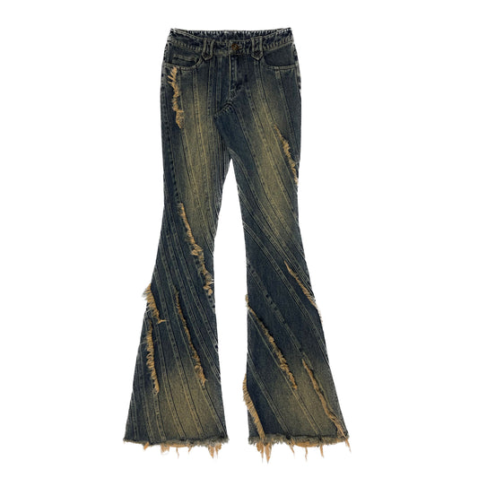 Navy Blue Vintage Distressed Patchwork Structured Flare Jeans