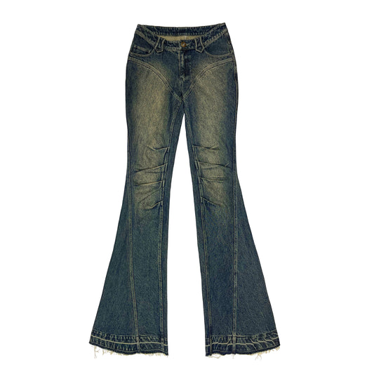 Knee-pleated Distressed Flare Jeans