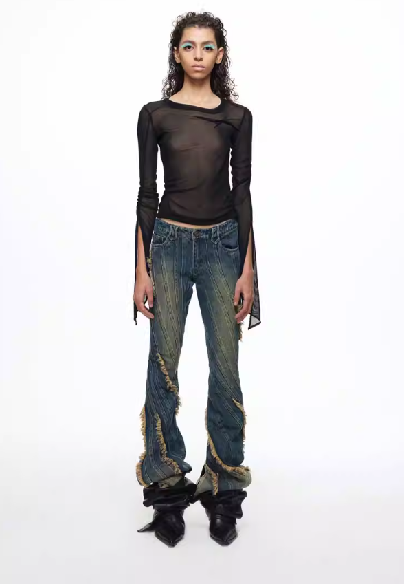 Navy Blue Vintage Distressed Patchwork Structured Flare Jeans