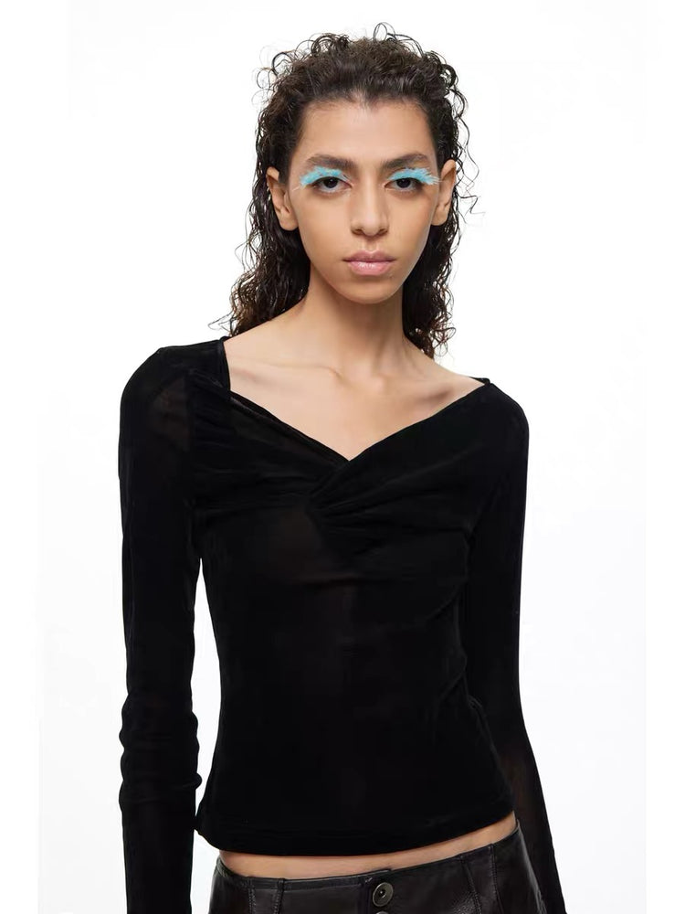 Black Velvet Chest Pleated Crisscross Structured Top