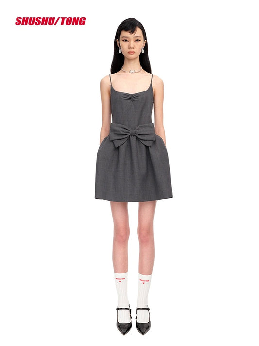 Gray Bow Twill Minidress