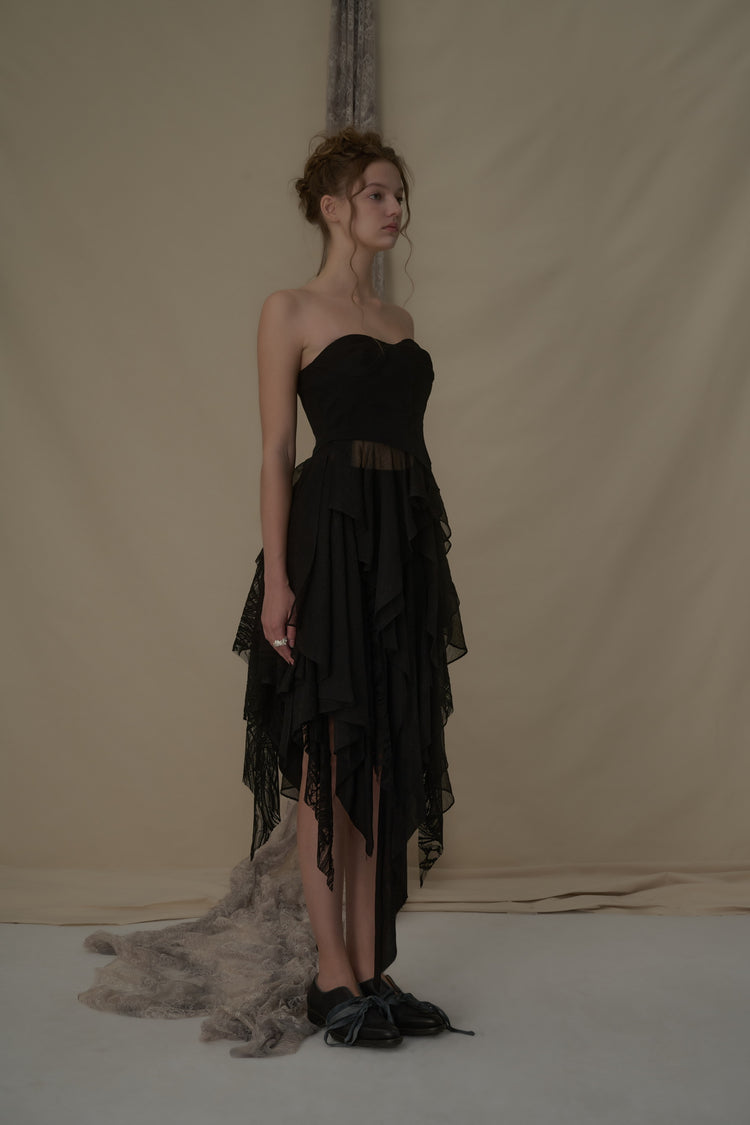 Black Folded Layer Mid-Length Skirt