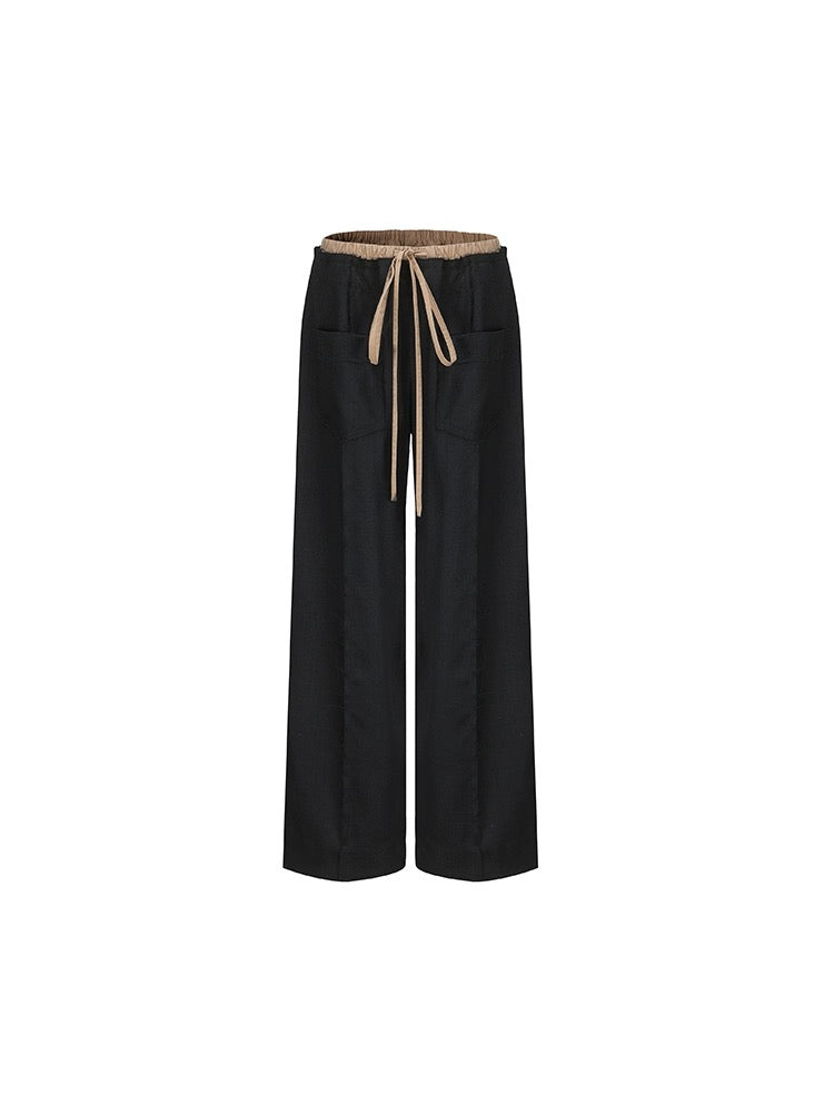 Black Rock-Colored Fine Wool Pull-on Wide-Leg Pants