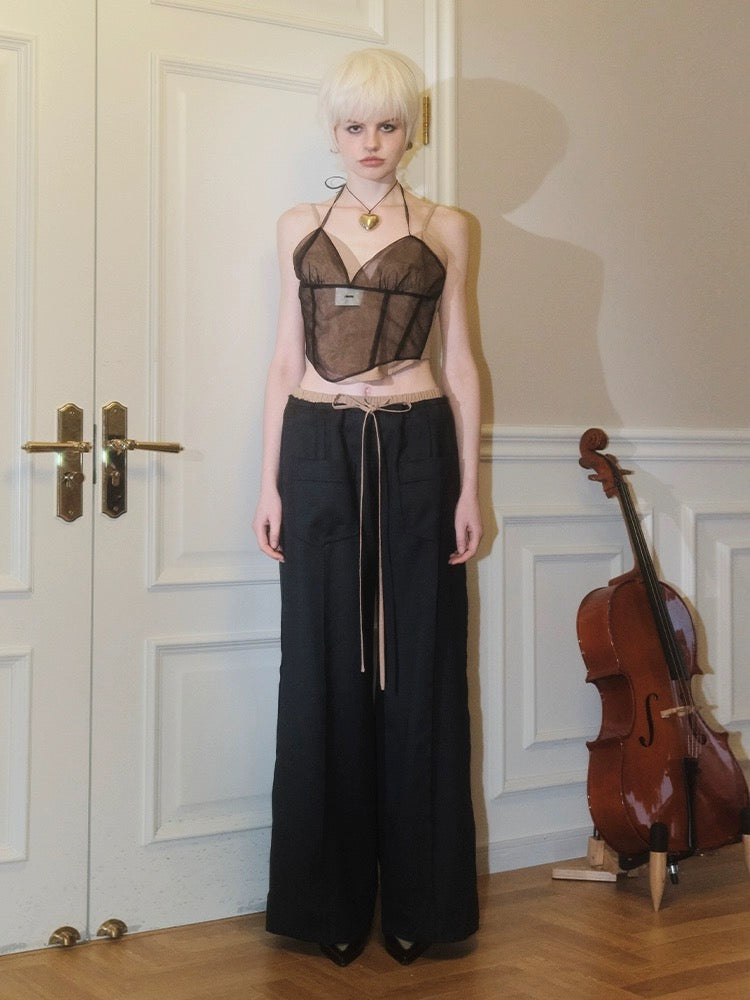 Black Rock-Colored Fine Wool Pull-on Wide-Leg Pants