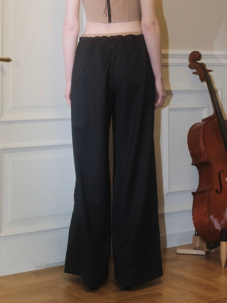 Black Rock-Colored Fine Wool Pull-on Wide-Leg Pants