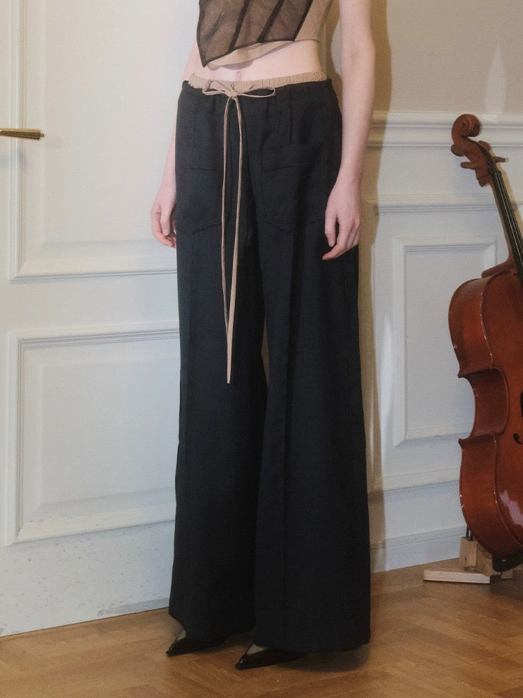 Black Rock-Colored Fine Wool Pull-on Wide-Leg Pants