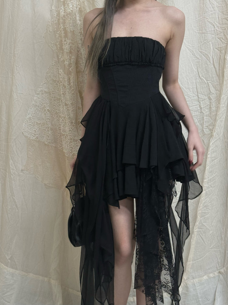 Black Fold Pleated Strapless Short Dress