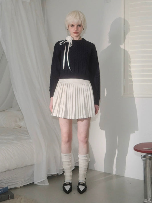 Academic Style Ivory Satin Pleated Skirt