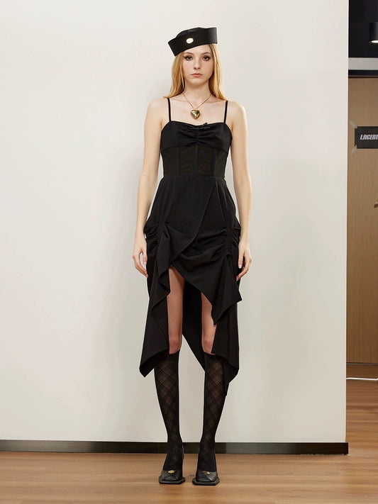 Black Fishbone Side Slit Pleated Spaghetti Strap Dress