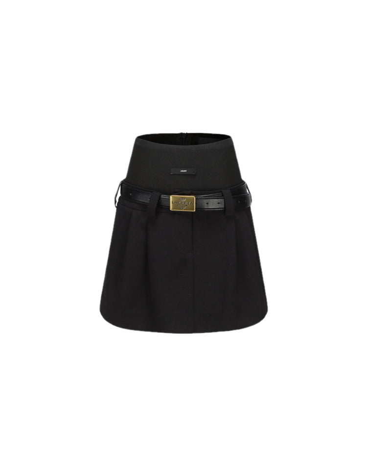 Black Double-waisted Pleated Mini Skirt (With Waist Belt)