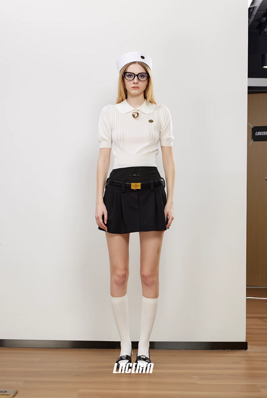 Black Double-waisted Pleated Mini Skirt (With Waist Belt)