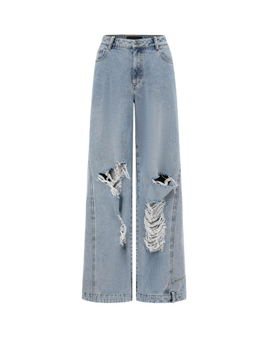 Blue Distressed Wide-leg Jeans