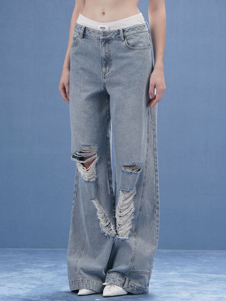 Blue Distressed Wide-leg Jeans