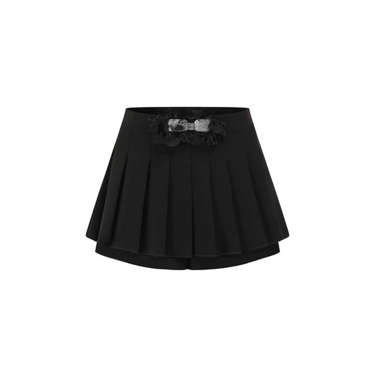 Black Glittery Bow Adorned Pleated Skirt