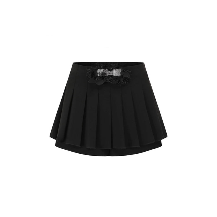 Black Glittery Bow Adorned Pleated Skirt