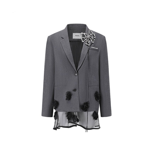 Feather Lace Stitching Sparkling Diamond Bow Blazer