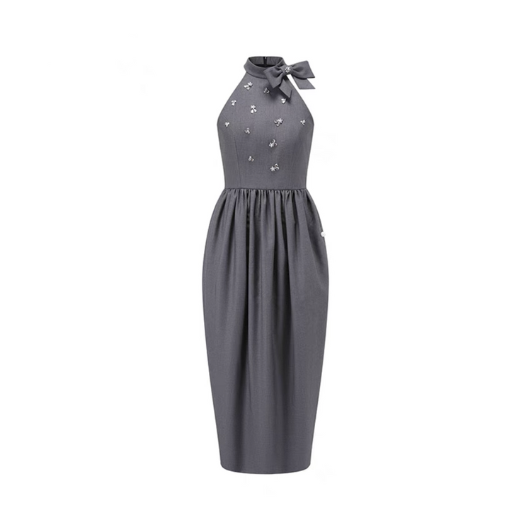 Gray Elegant Bow Diamond Decorated Cocoon Dress