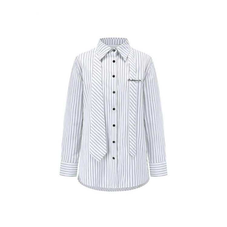 White Striped Tie Metal Emblem Shirt