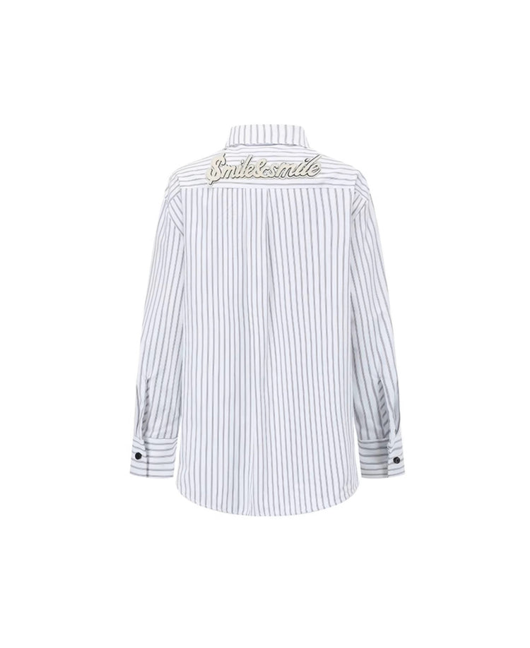 White Striped Tie Metal Emblem Shirt