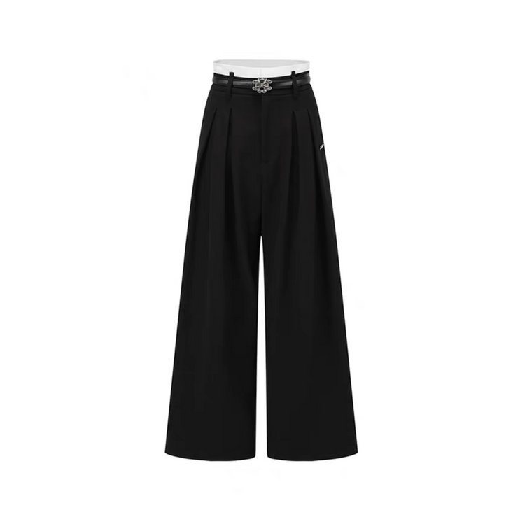 Black Color-blocked Double-layered Wide-leg Suit Trousers