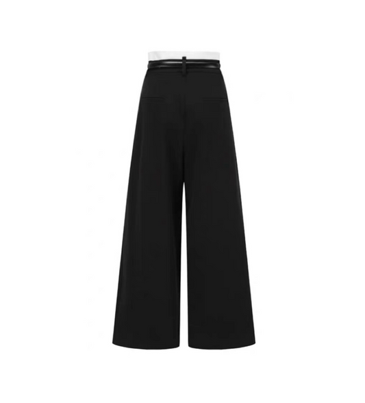 Black Color-blocked Double-layered Wide-leg Suit Trousers